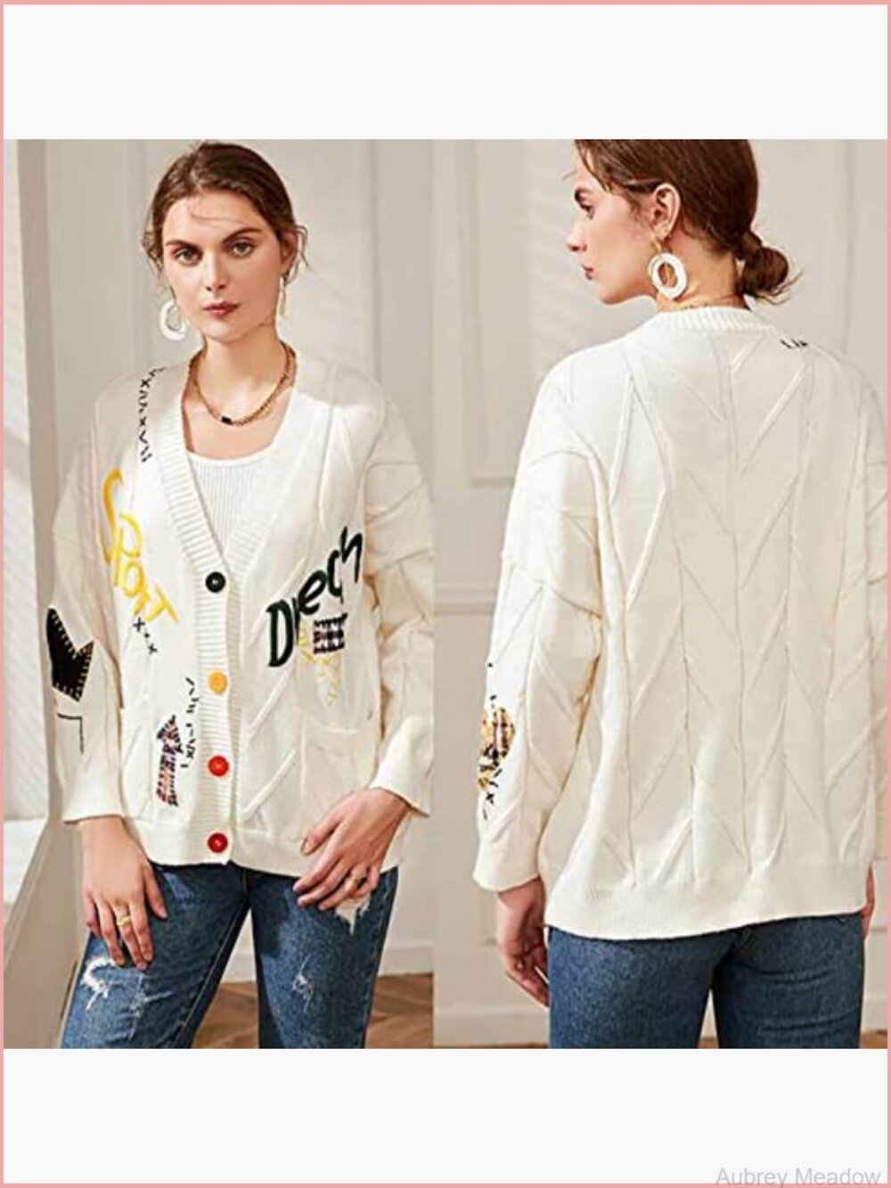 Cable Knit Open Front Cardigan Long Sleeve Button Down Embroidery Sweater - Picture 4 of 6